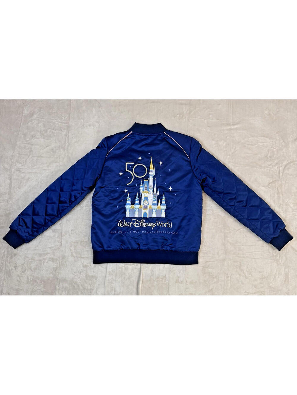 Disney World 50th Anniversary Castle Bomber Jacket Womens XS Blue Quilted